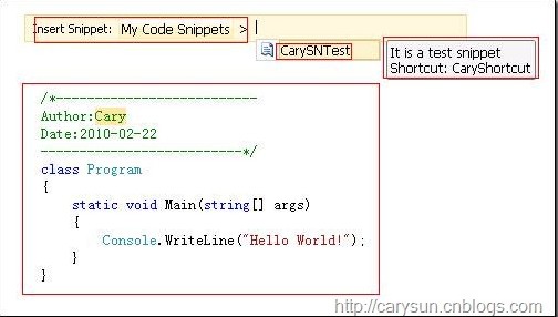 如何在Visual Studio 2010中创建自定义的代码段