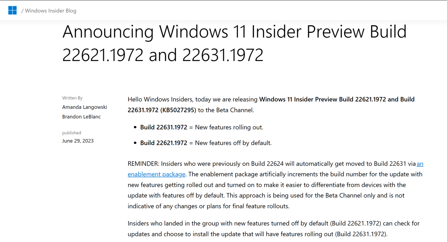 微软发布 Windows 11 Beta 22621.1972 和 22631.1972 更新：修复 RAM、BitLocker 相关问题
